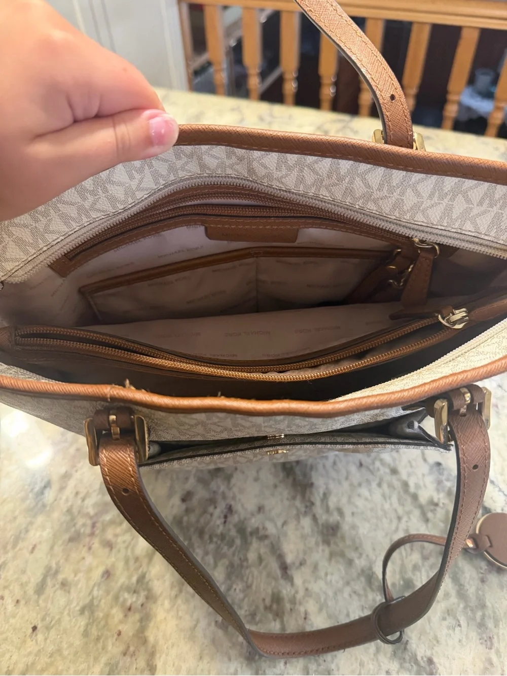 Michael Kors Jet Set Travel White Signature MK Tote with Brown Leather Trim